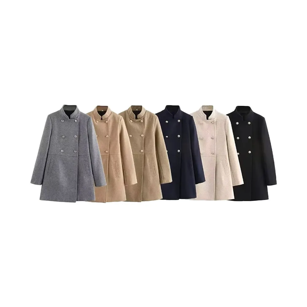 

Winter new women's fashion versatile solid color long sleeved blended double breasted coat jacket