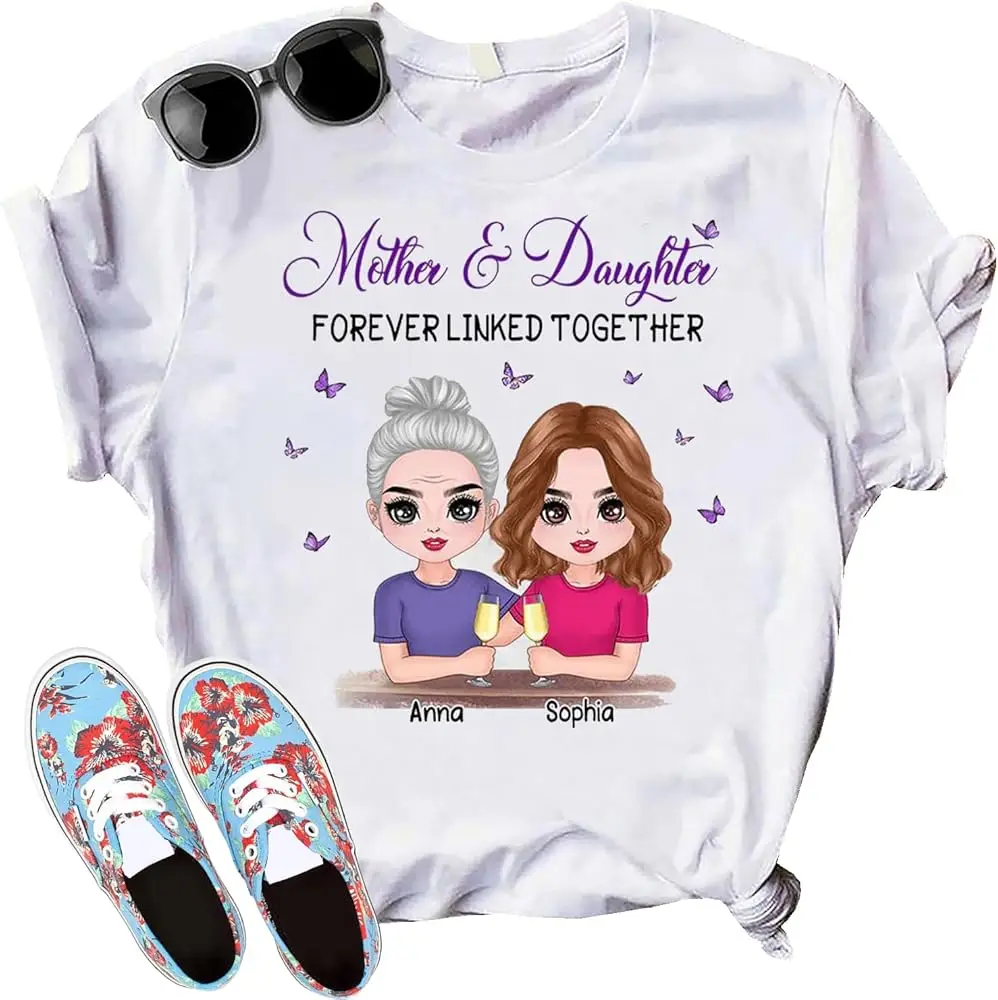 Generic Personalized Mother & Daughters Forever Linked Together T-Shirt, Trendy Mama Shirt, Best Mama Ever Shirt