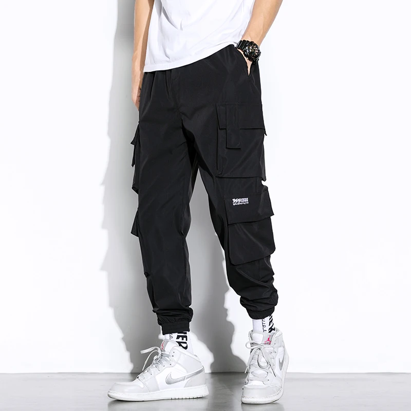 Calça de harem preto masculina, calça cargo, hip-hop, bolsos casuais, moletom extragrande, calça masculina na moda, streetwear, 2024