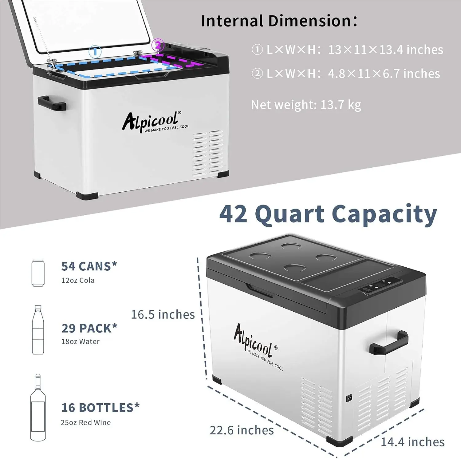 Portable Refrigerator, 12 Volt Car Freezer, 42 Quart(40 Liter) Fast Cooling 12V Fridge Cooler for RV, Truck