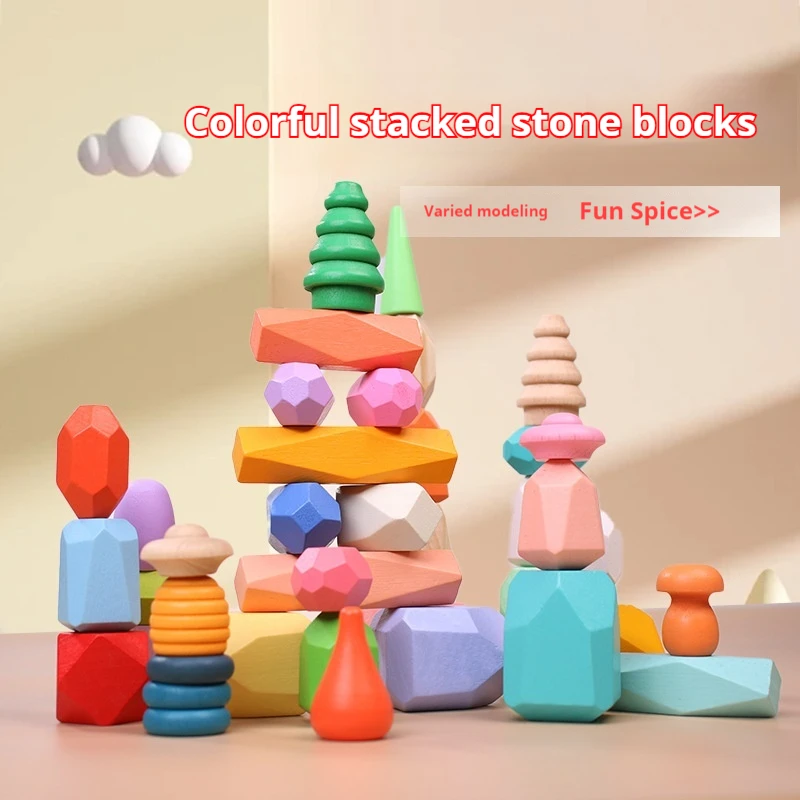 Child Puzzle Wooden Colored Stone Stacking Balance Stacking Stone  Block Toys Enlightenment Early Education Building Block Toys