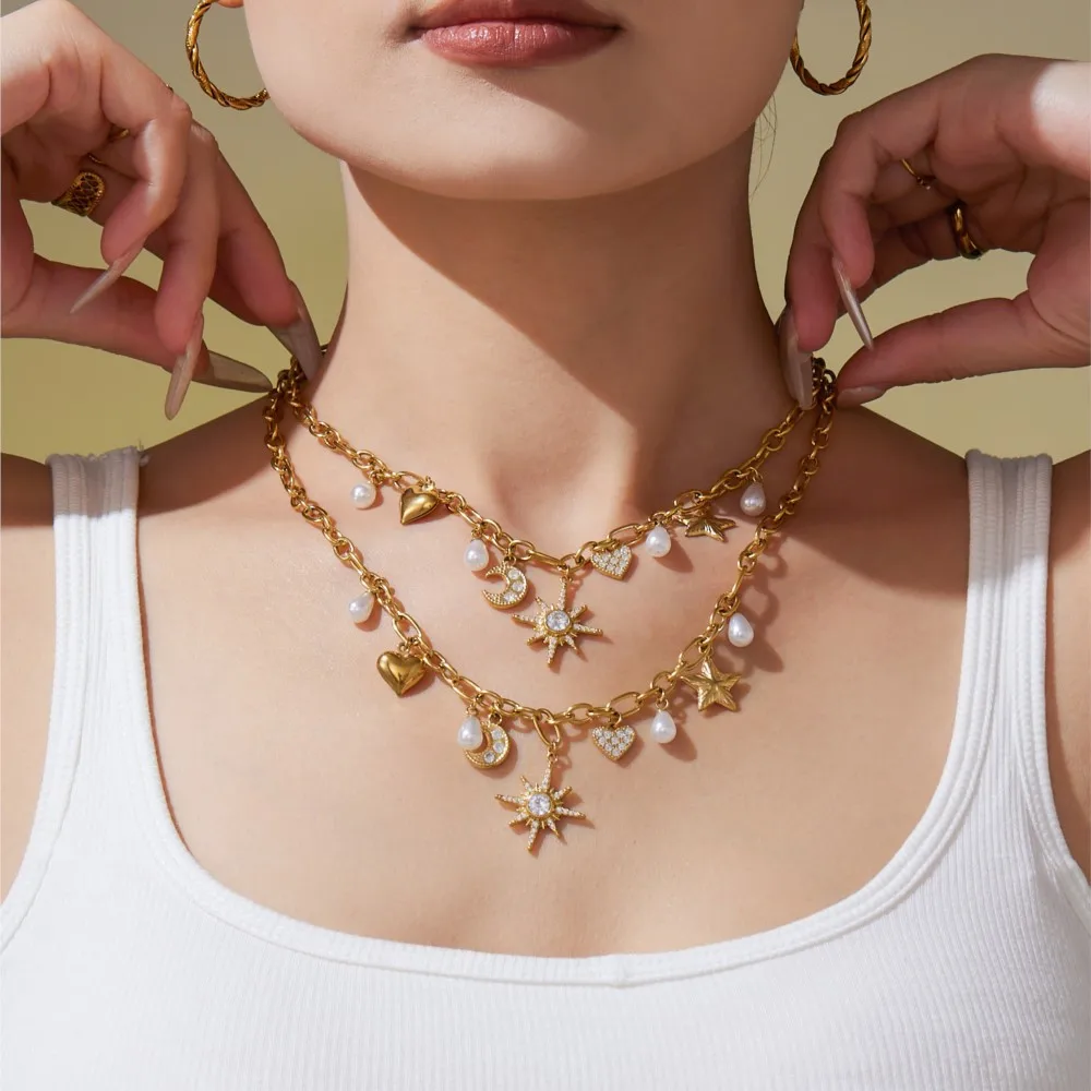 Zircon coeur étoile lune breloques collier correspondant Bracelet pour femmes 18K plaqué or en acier inoxydable chaîne colliers Bracelets ensemble