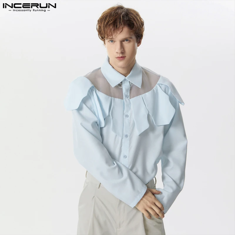 

INCERUN Tops 2024 American Style Men's Mesh Splicing Multi Piece Style Shirts Casual Fashionable Male Long Sleeved Blouse S-5XL