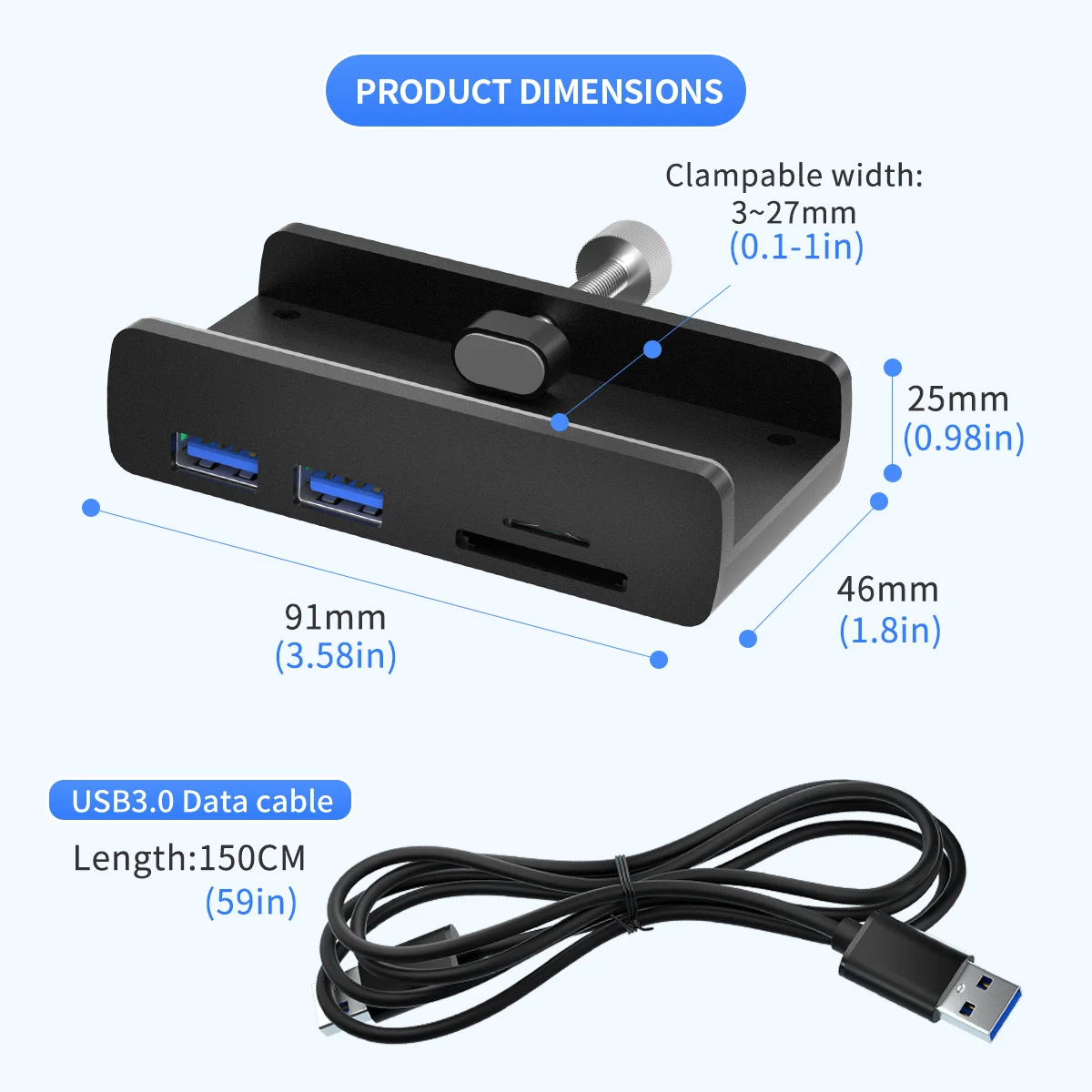 USB 3.0 Hub Clamp Aluminum 4 Ports USB Splitter with Extra Power Supply Port and USB Data Cable Powered USB Hub for Monitor/Desk