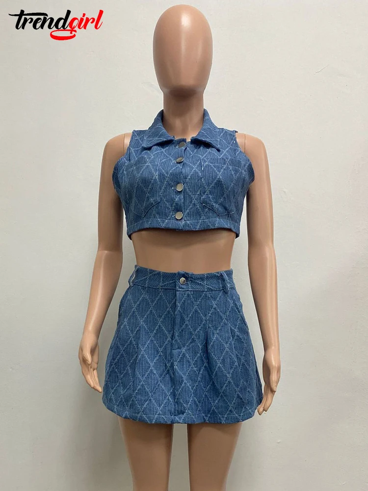 Mlaiscsr Washed Plaid Denim Two 2 Piece Set Women Sleeveless Turn-down Collar Tank Tops and Mini Skirts Birthday Jean Outfits