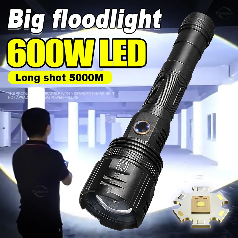 Super Powerful LED Flashlight 600W Rechargeable Torch Light 5000M Long Shot Lantern High Power LED Flashlight Zoomable Hand Lamp