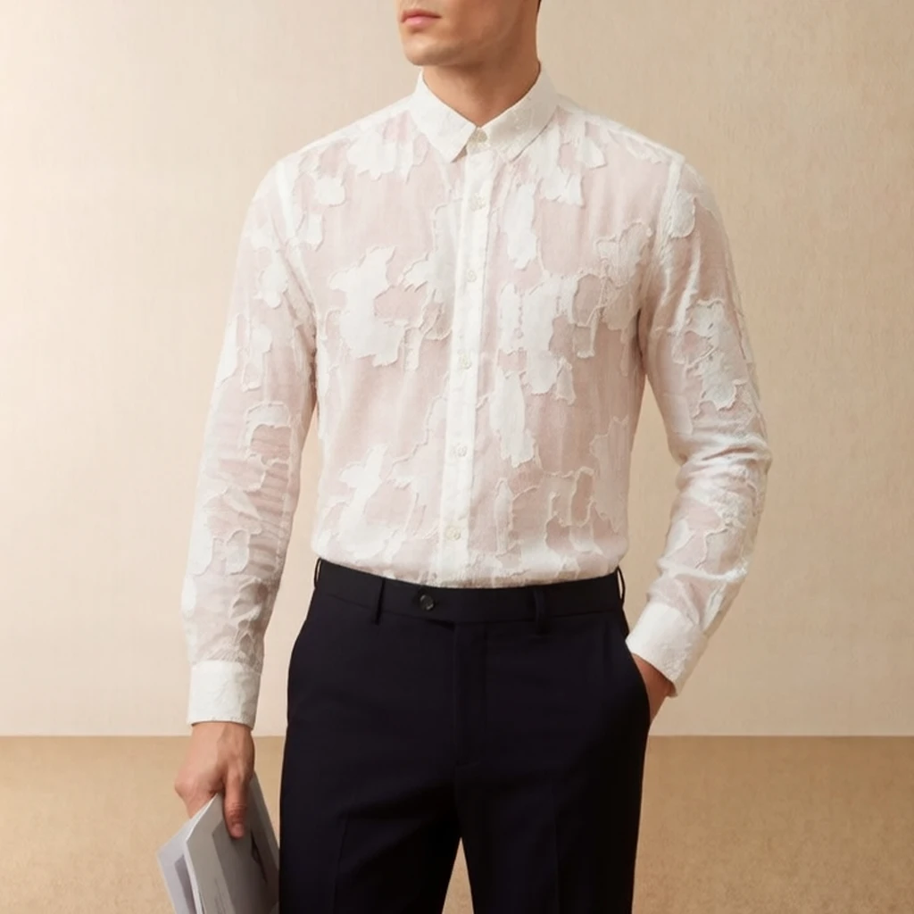 

Spring Summer Thin Mesh Men's Shirts Retro Style Patchwork Design Long Sleeve Men Shirt Fashion Trendy Performance Mens Clothing