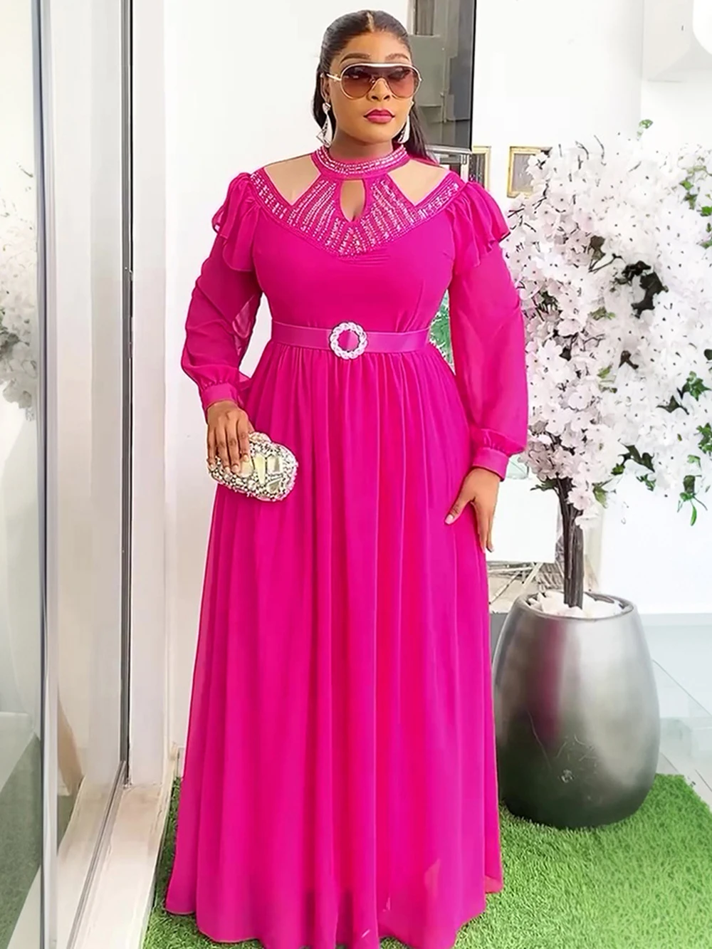 فستان سهرة نسائي أنيق بأكمام طويلة شيفون ماكسي رداء حفلات فاخر ماسي دبي تركيا عبايات قفطان ماروكين نسائي