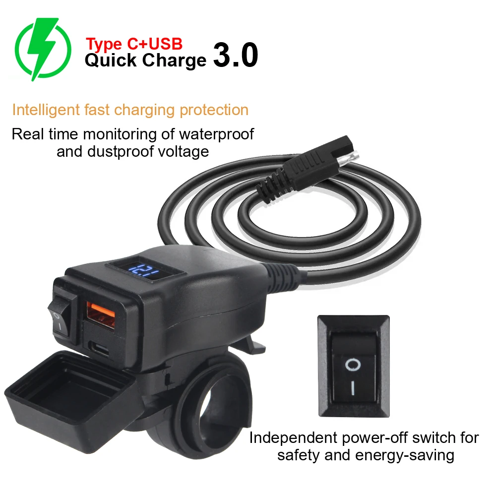 Pd pport ชาร์จเร็ว3.0โวลต์มิเตอร์รถจักรยานยนต์, ที่ชาร์จแบบเร็ว USB กับมือถือกันน้ำขั้วต่อหลอดไฟ LED