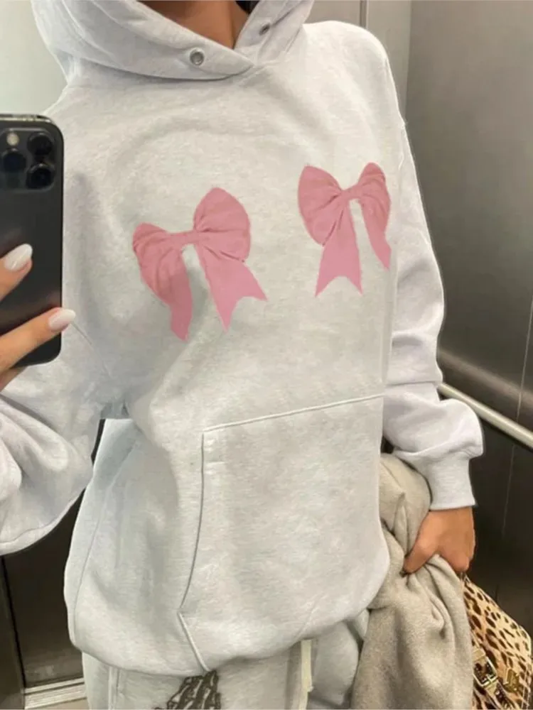 Fashion Harajuku Bow Print Loose Hoodies Autumn Casual Full Sleeve Hooded Sweatshirt Women Oversized Pullovers Highstreet Style