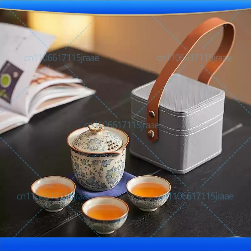 Portable Travel Ceramic Kung Fu Tea Kit, Blue White Ru Kiln Interlocking Lotus Quick‑Kick Cup 1 Teapot 3 Cups for Outdoor Use