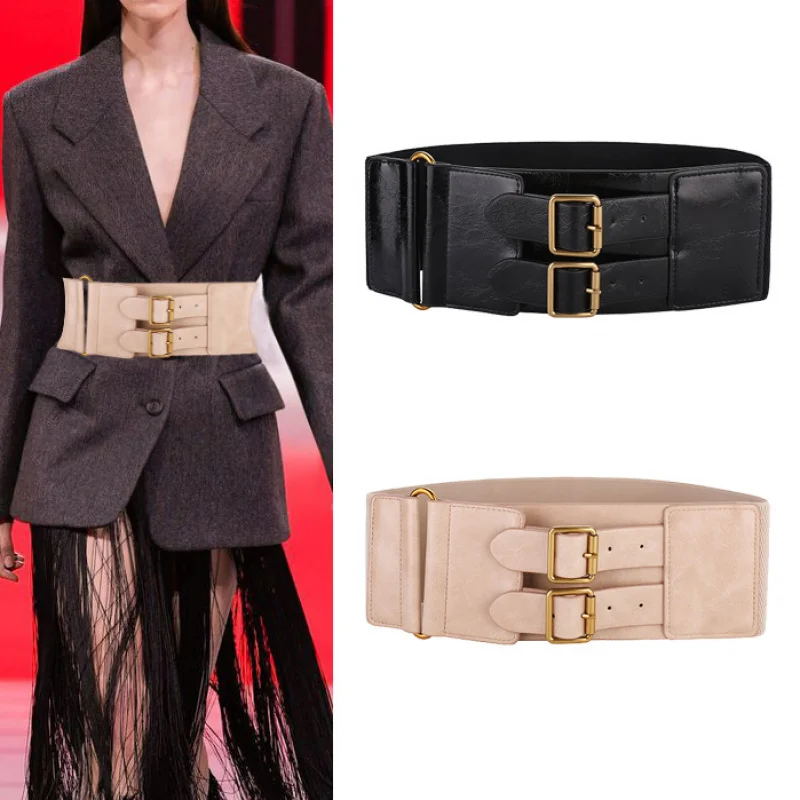 

Western Double-breasted Elastic PU Leather Women Waistband Belt Fashion Dress Sweater Coat Cummerbund for Ladies
