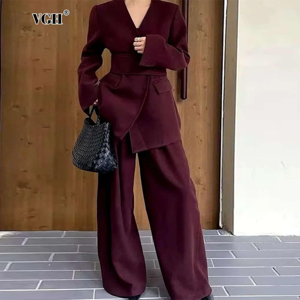 VGH Elegant Formal Two Piece Set For Women V Neck Long Sleeve Spliced Belt Tunic Coat High Waist Wide Leg Pant Chic Sets Female