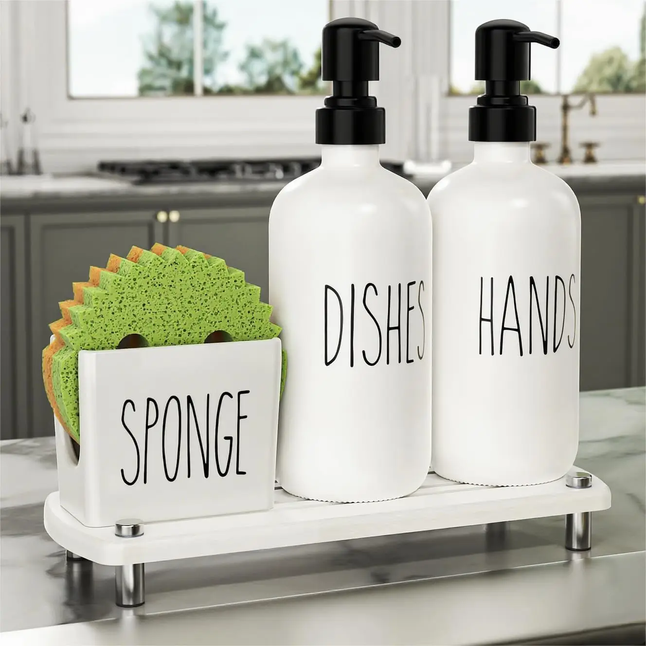 

Набор: керамический держатель для губки и золотой дозатор для мыла с поддоном для мгновенного высыхания, белый и черный, 4 штуки, для декора кухни