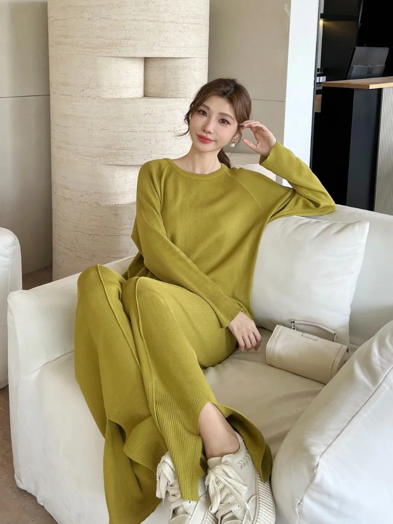 New Casual Simpler Pant Sets Knitted Korean Fashion O-neck Long Sleeve Sweater Tops + Wide Leg Pants 2 Piece Sets Women Outfit