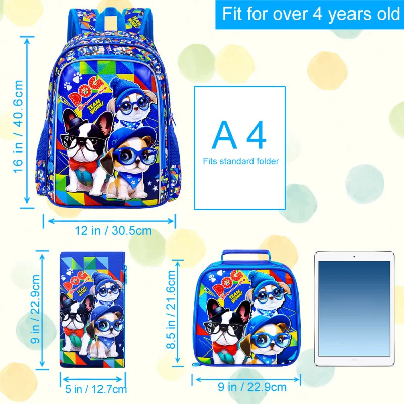حقيبة ظهر للأولاد مكونة من 3 قطع، حقيبة كتب للأطفال مقاومة للماء مع صندوق غداء، حقائب ظهر لمرحلة ما قبل المدرسة مقاس 16 بوصة للأطفال الابتدائية - 3 * كلب أزرق