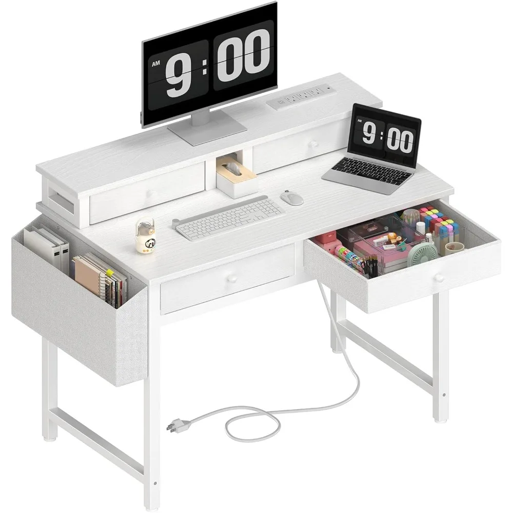 Small  Desk with Fabric Drawers,  Vanity Makeup Desk with Drawers Storage ,Writing Study Table with Power Outlet & Monitor Stand