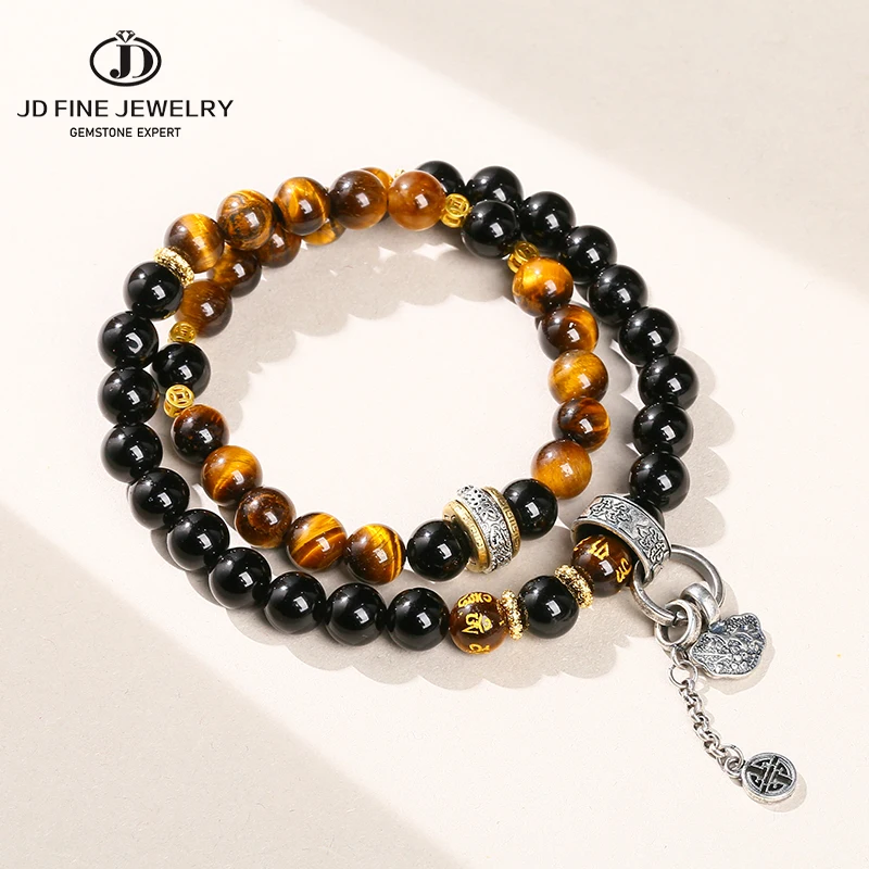 JD Natural Stone Yellow Tiger Eye Black Obsidian Health Energy Bracelet Women Men Vintage Charm Handmade Bangles Friendship Gift