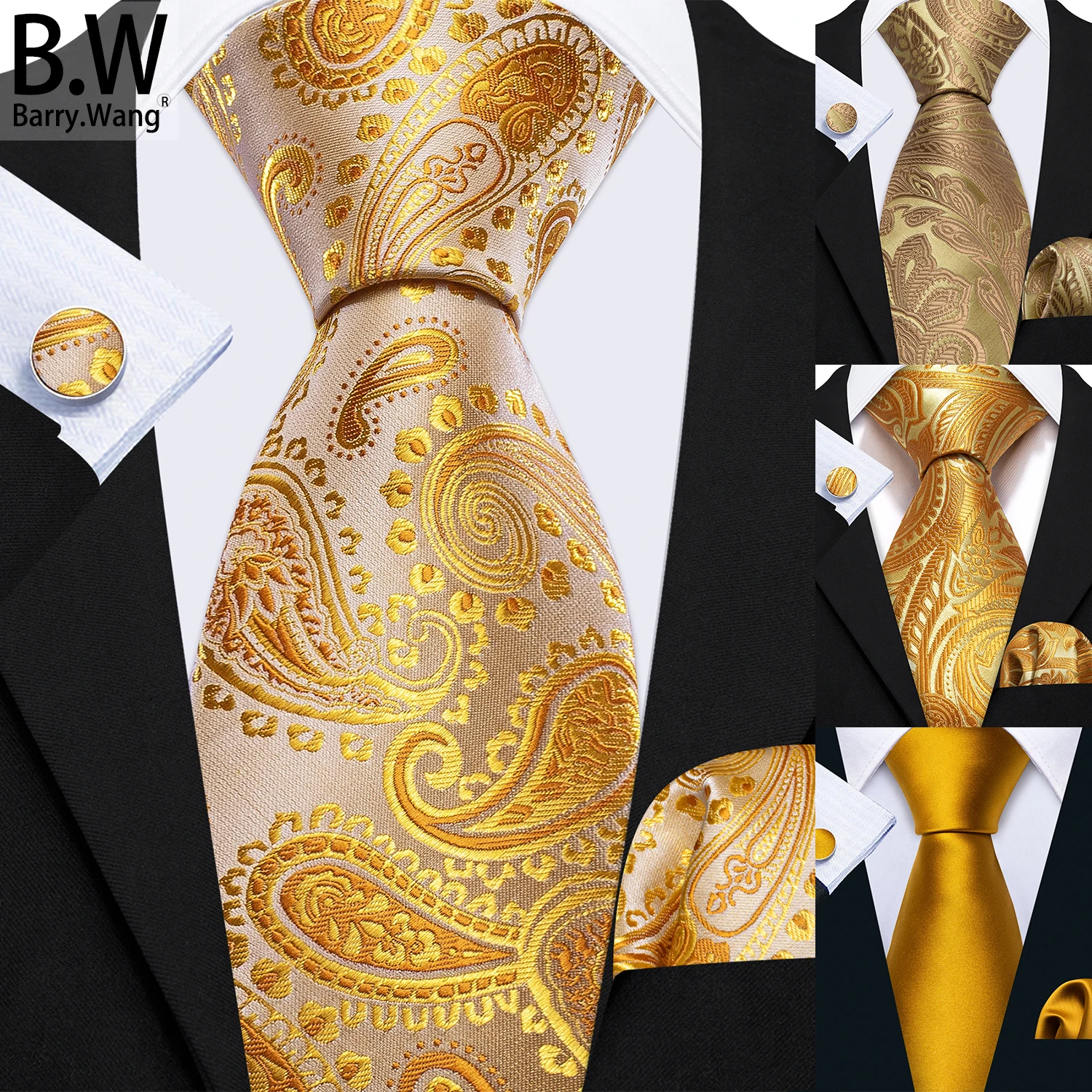 

Barry.Wang Gold Silk Men Tie Handkerchief Cufflink Set Jacquard Paisley Floral Solid Necktie Male Wedding Business Party Gift