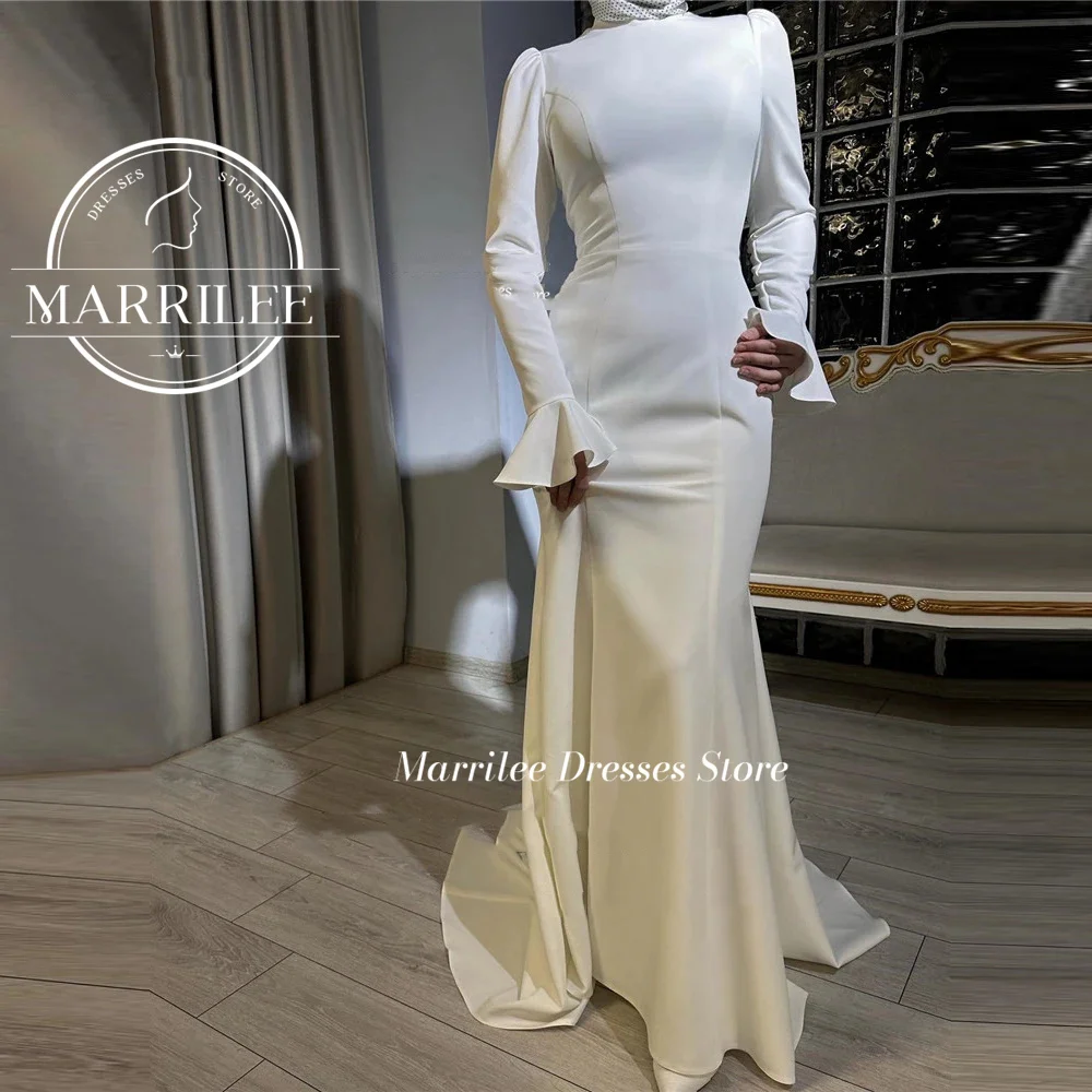 

Marrilee Elegant Ivory High Neck Ruched Stain Prom Party Gowns Long Sleeves Floor Length Pleated Formal Ocasions Evening Dresses