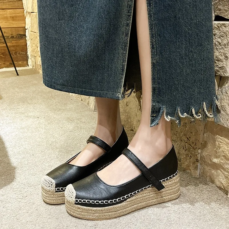 Women's Edge Design Platform Mary Jane Shoes Spring and Autumn New Roman Style Leisure Wedge Low-heeled Shoes Zapatos Mujer