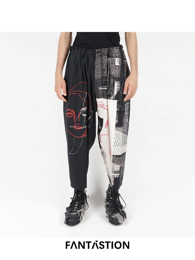 FANTASTION Pantaloni con stampa di giornali vintage Design elastico in vita Pantaloni casual larghi e oversize Pantaloni a gamba larga