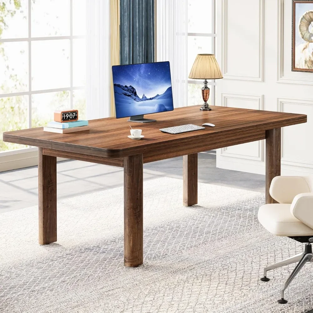 63-Inch Executive Desk, Large Office Computer Desk with Solid Wood Legs, Simple Farmhouse Study Writing Desk Workstation