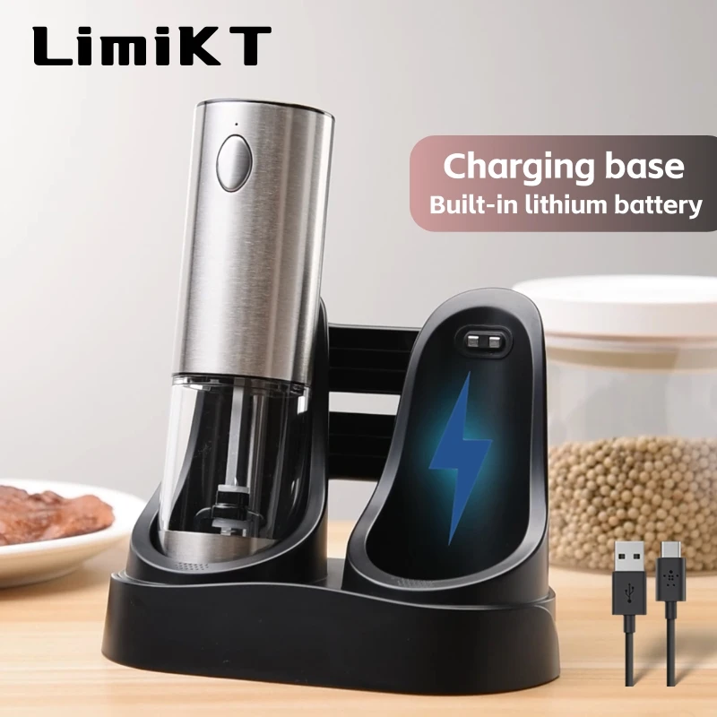 LimiKT Electric Pepper Grinder Sea Salt Grinder Cereal Seasoning Grinder Stainless Steel TypeC Charging Model with Base