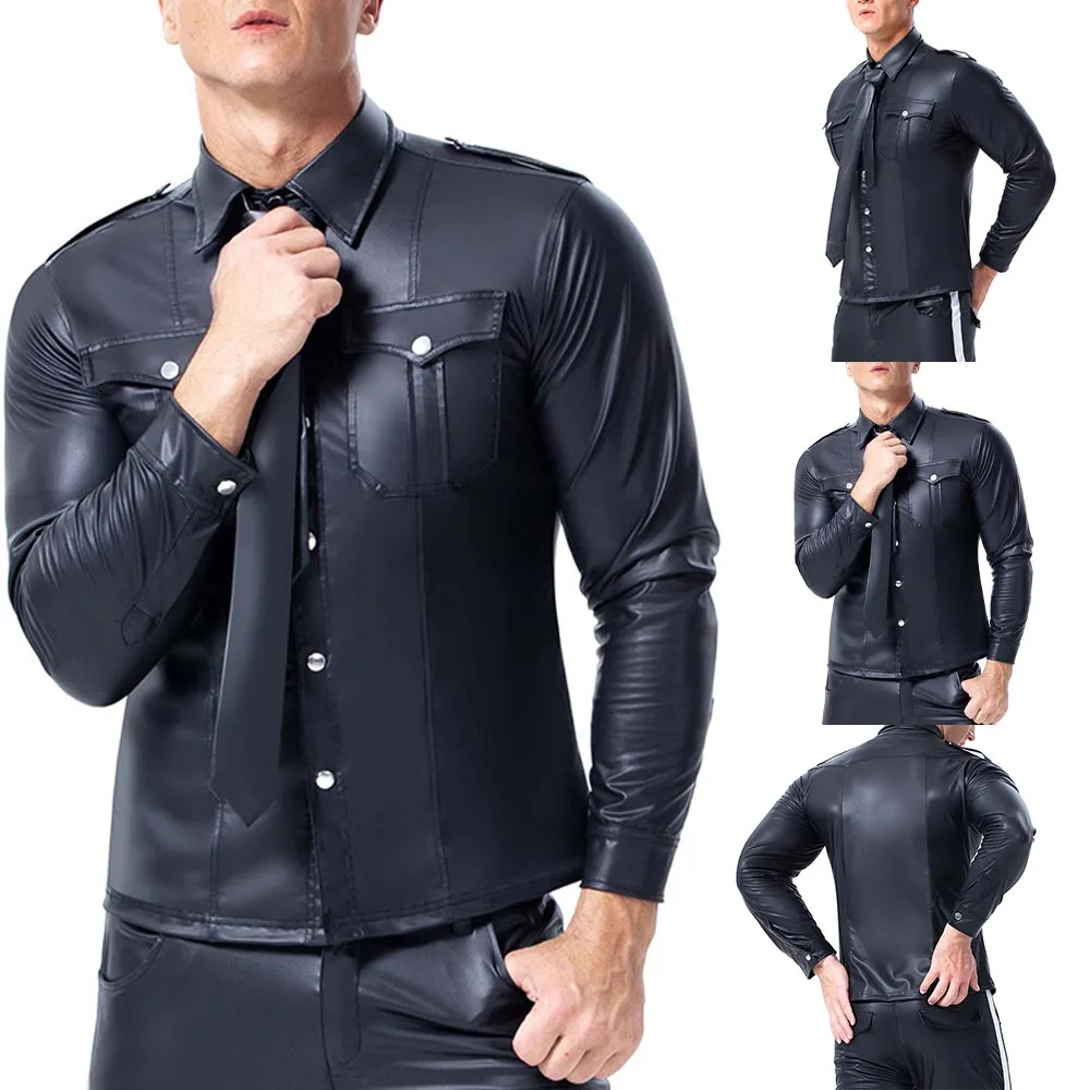 Fashion Hot Sale New Quality Men Shirt Club Wear Tops Black Button Cocktail Faux Leather Solid Color Long Sleeve