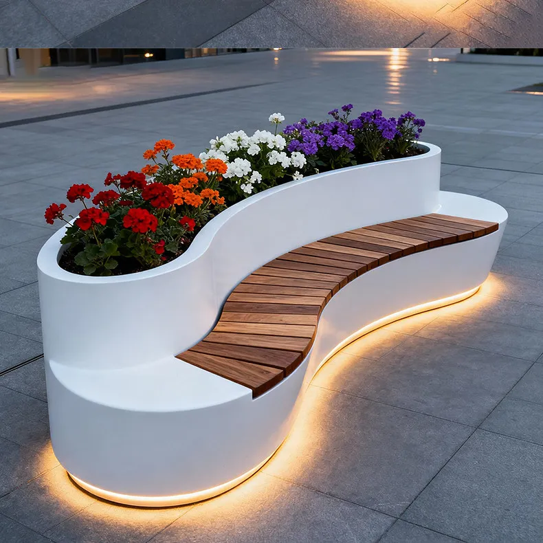 Outdoor modern light luxury LED luminous flower box seat combination terrace bench courtyard planting box rectangular flower pot