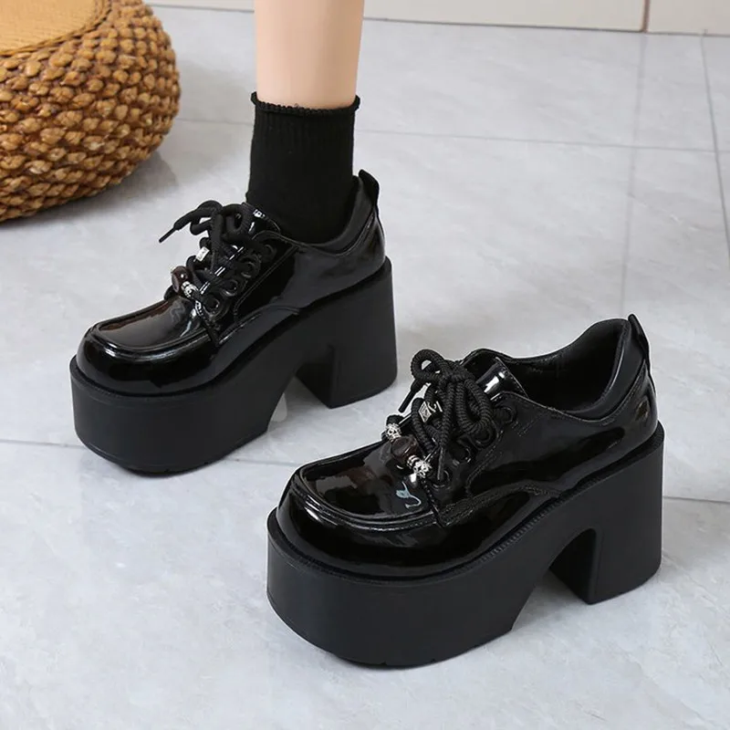 

2026 Woman Loafers Shoes Casual Chunky High Heels Pumps All-Match Roman Style Lace-Up Round Toe Autumn Black Mary Janes Shoes