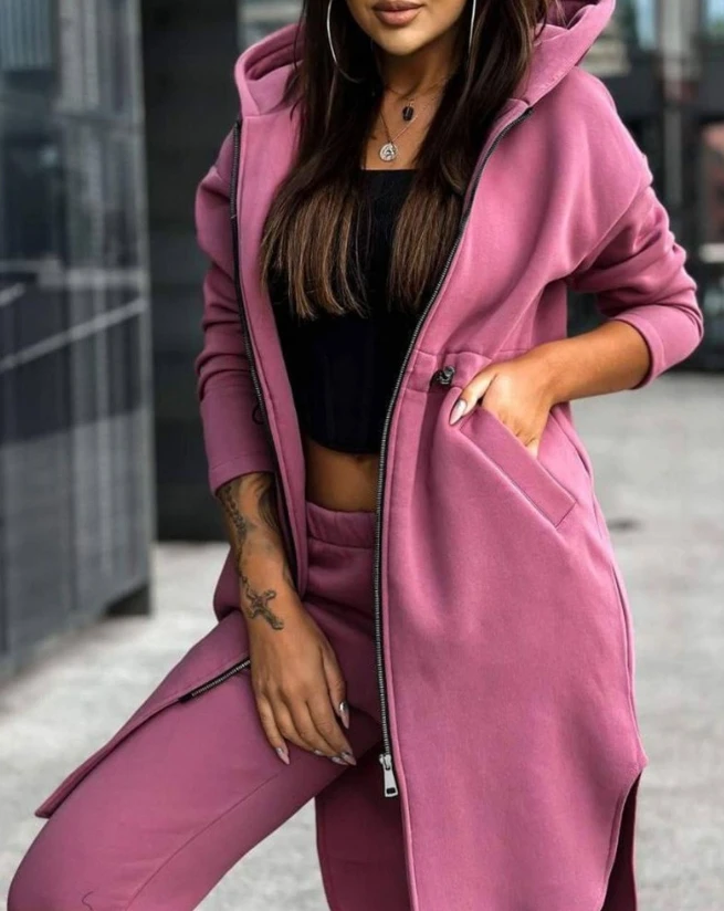 

Women's Sweatpants Sets 2023 New Autumn/winter Fashion Zipper Design Longline Hooded Coat & Casual Cuffed Pants Two Piece Suit