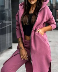 Damen Jogging hose Sets neue Herbst/Winter Mode Reiß verschluss Design Longline Kapuzen mantel & lässige Manschetten hose zweiteiliger Anzug