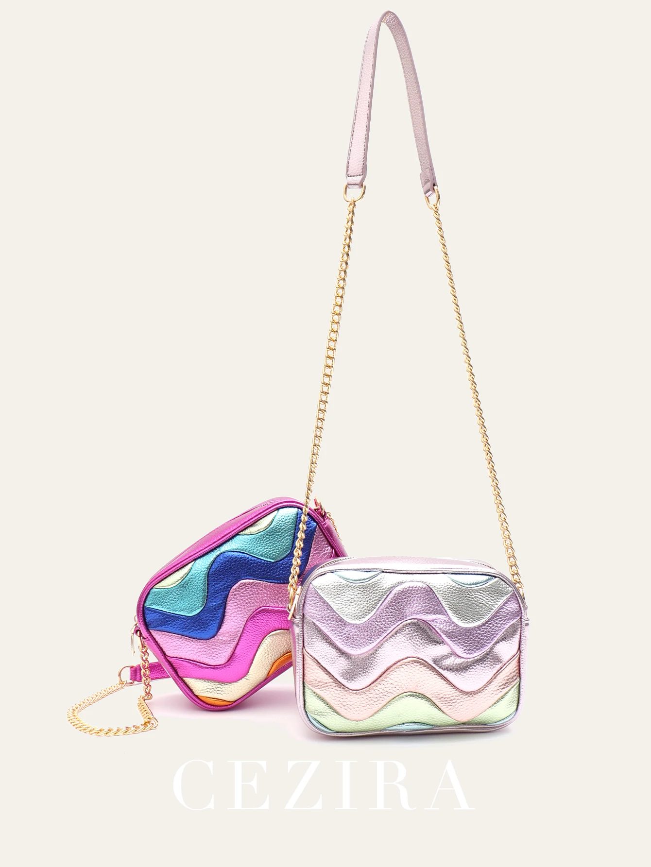 CR Colorful Square Vegan PU Handbag Ripple Pattern Long Chain Women Luxury Crossbody Purse Lightweight Cosmetic Bag Travel Daily
