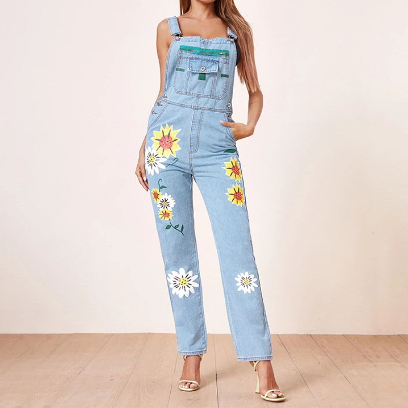 

Джинсовые комбинезоны, женские джинсы для мам, брюки, комбинезоны, свободные комбинезоны без рукавов с цветочным принтом, цельный прямой комбинезон на молнии с высокой талией