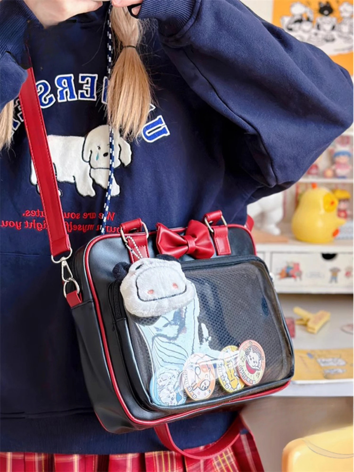 Itabag-Bolso de hombro de estilo japonés para mujer, bolsa Kawaii de cuero PU con bolsillo transparente, lazo, Lolita, Ita, JK Girl