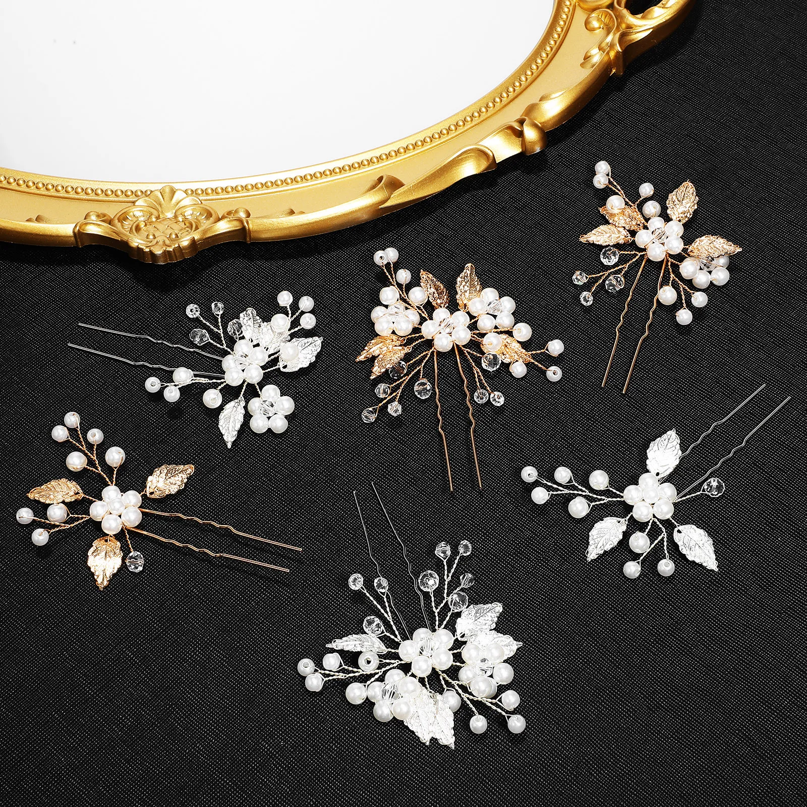 

6Pcs Bridal Wedding Hair Pins Rhinestones Pearls Leaf Decorative Hair Clips Sparkling Bride Headpiece Accessories for Women