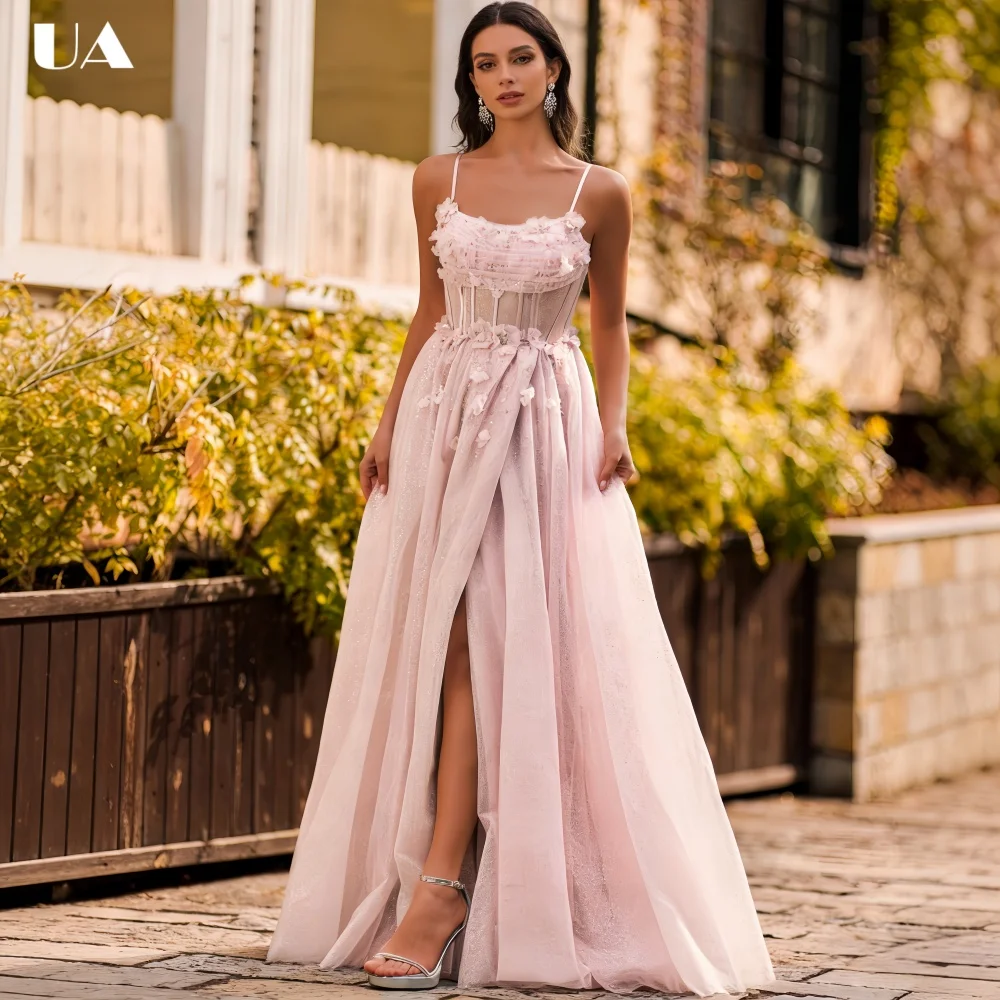 

ULBYANRY Customized Mesh A-line Prom Dress with Spaghetti Strap, Romantic Appliqued Evening Dress, Trendy High-slit Party Dress