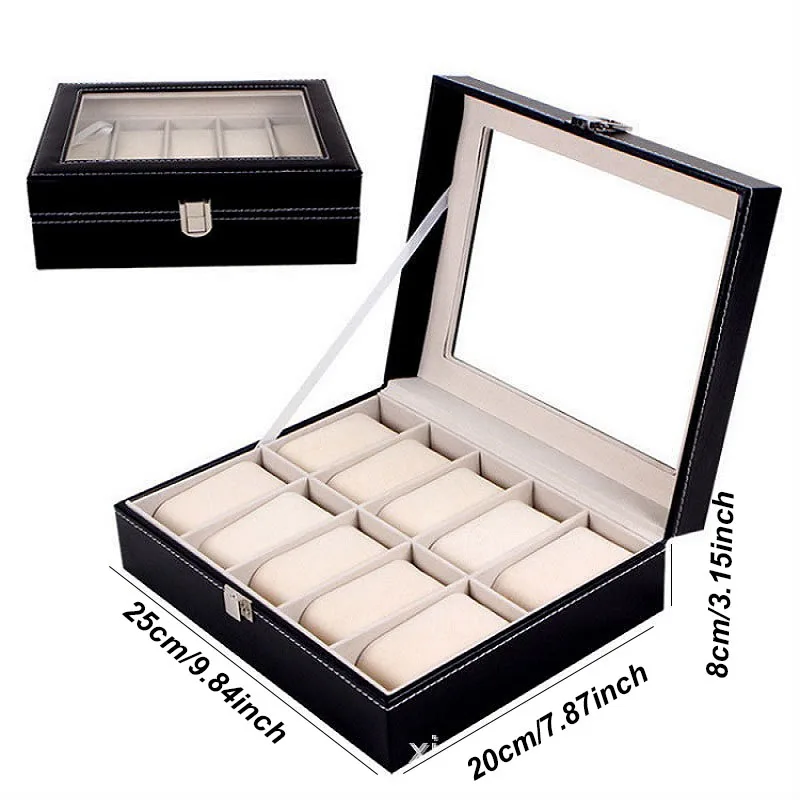 NONE DELESYS Klassischer Stil 2/3/4/5/6/8/10/12/20 Slots PU-Leder Uhrenvitrine Organizer Schmuck Aufbewahrungsbox mit Glasplatte 10