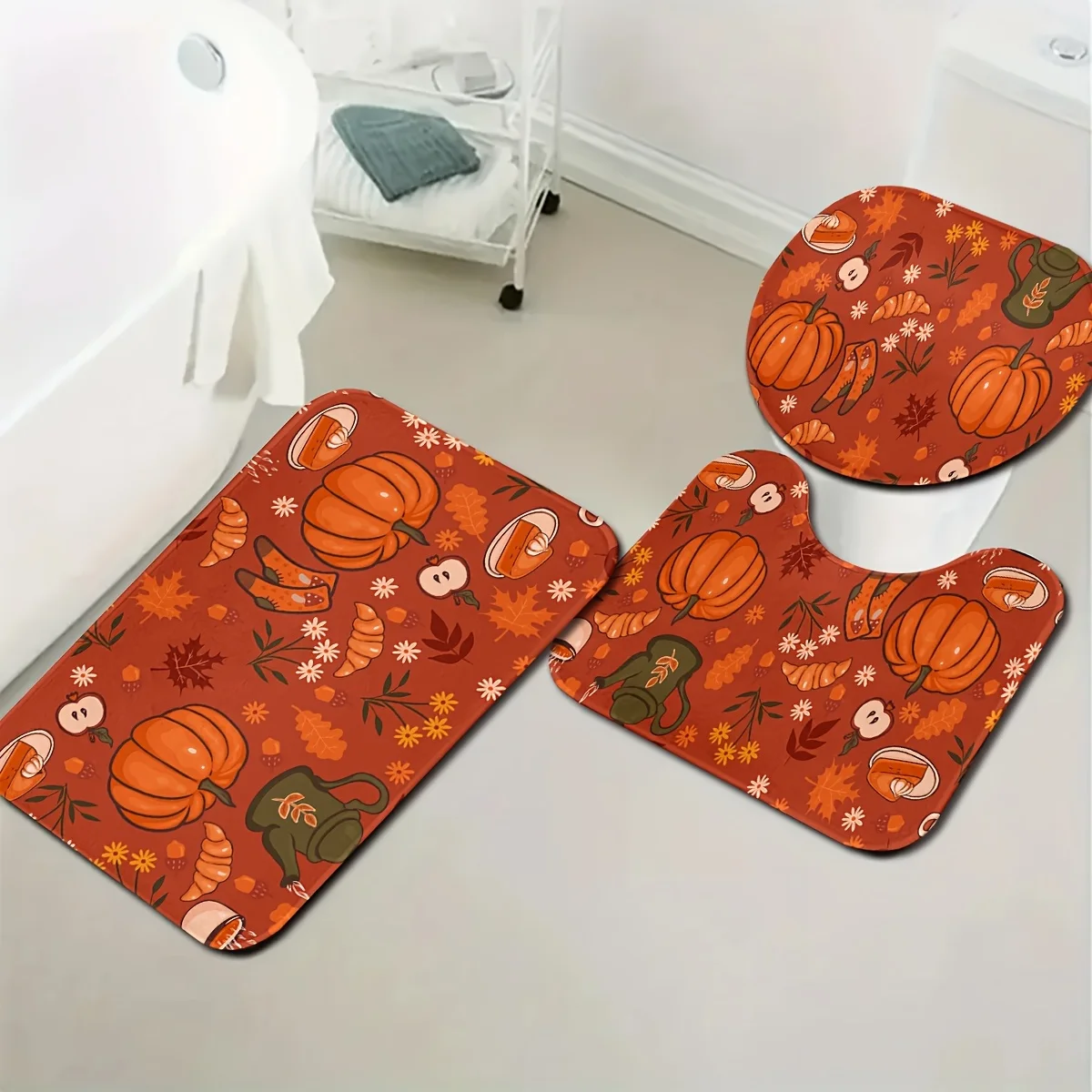 3pcs Autumn Thanksgiving Festival Decorative Gift Bathroom Set with Pumpkin Pattern, including non-slip floor mat and toilet sea