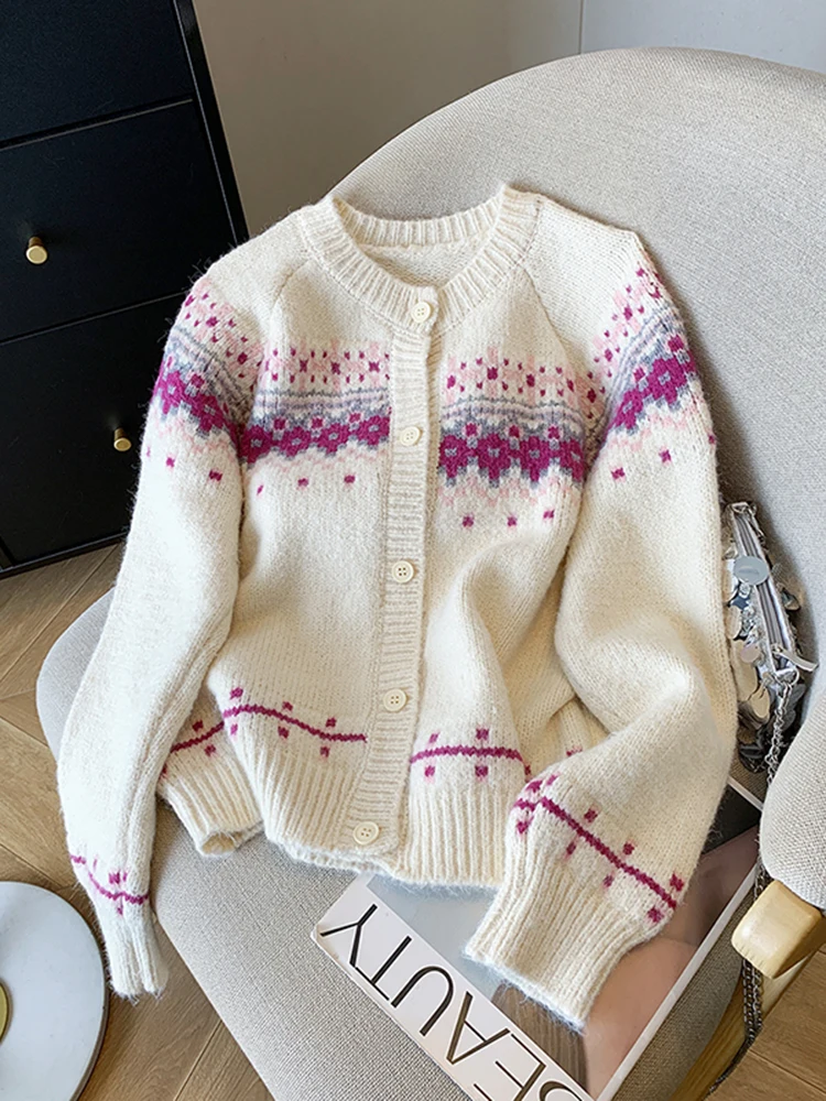 

Корейский вязаный кардиган в стиле Fair Isle, женский универсальный свитер-жакет средней толщины с длинными рукавами и круглым вырезом