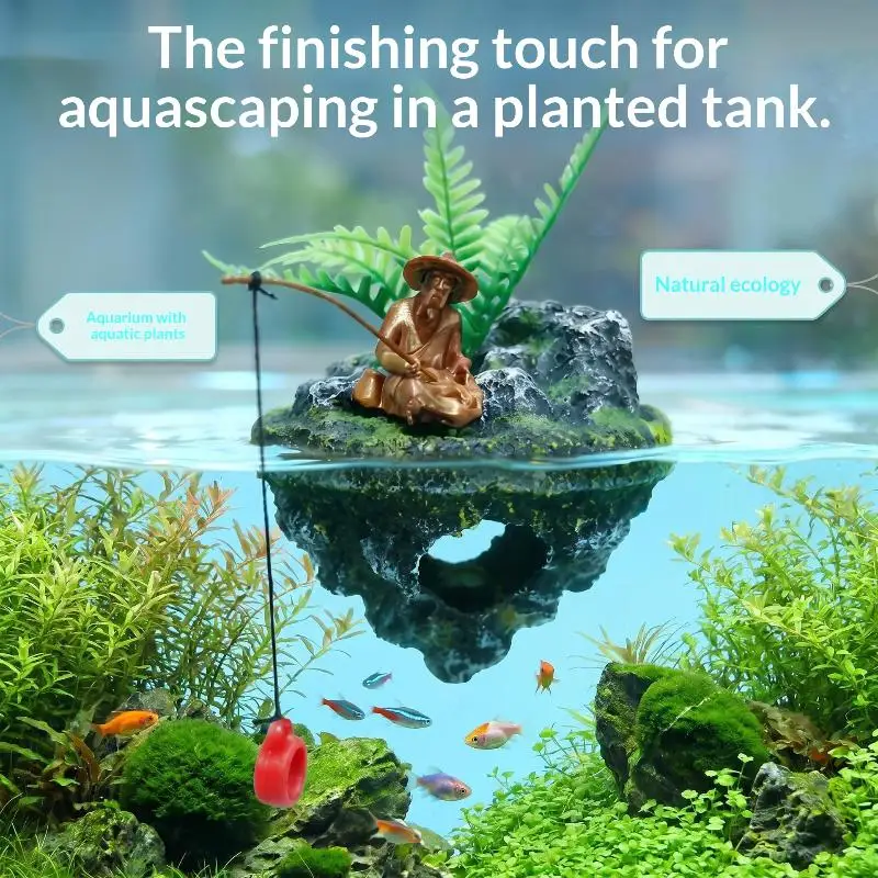 Aquarium Floating Decor Ornament Vivid Fishing Man Statue Mini Artificial Landscape Island for Home Aquarium Decoration