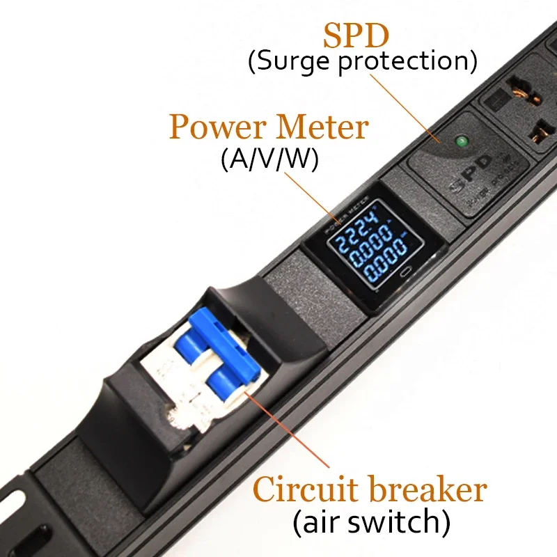 Aluminum alloy pdu Power Strip Switch SPD Digital Display Meter 2/3/4/5/6/7/8/9/10/11/12 AC Universal Output Socket