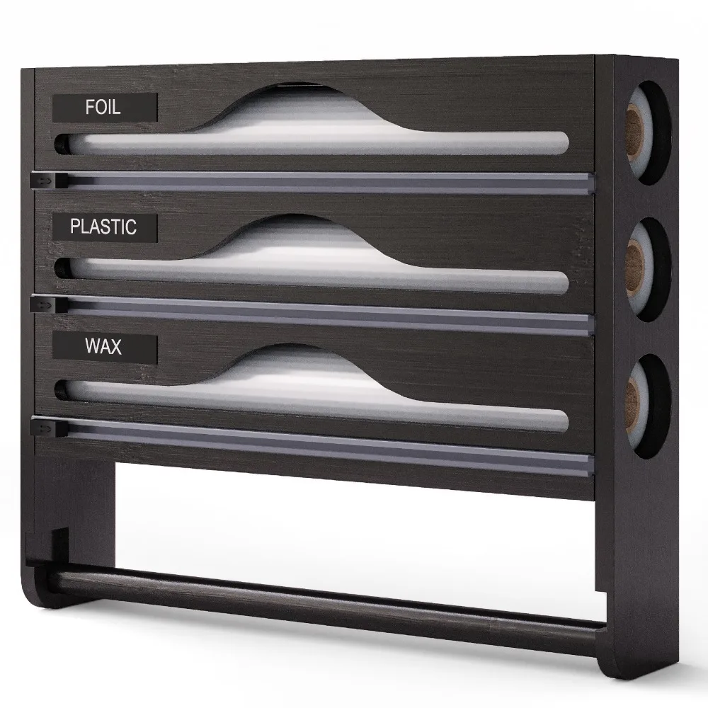 Utensilios de cocina, caja cortadora de película adhesiva de bambú, 2/3 compartimentos, organizador de toallas montado en la pared, soporte minimalista para bolsa fresca, bolsa de basura