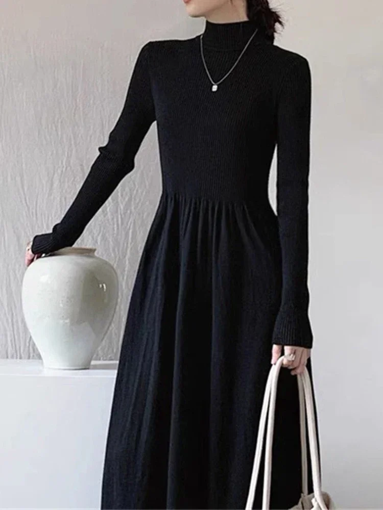 

Pop Knitted Sweater Dress Women Autumn Winter Casual Long Sleeve Turtleneck Dress Female French Elegant Fashion Solid Long Dress