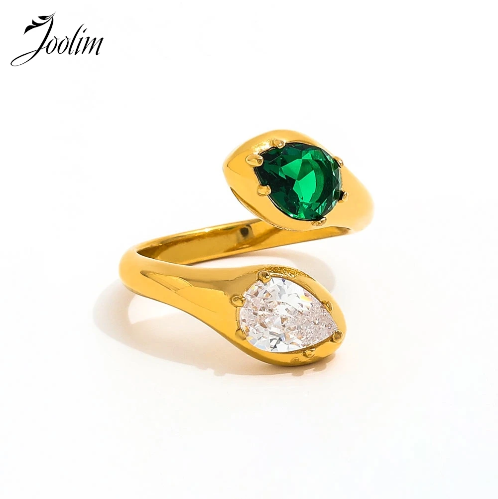 

Joolim Jewelry Wholesale High End PVD No Fade Double-headed Snake Green&White Water Drop Zirconia Stainless Steel Ring For Women