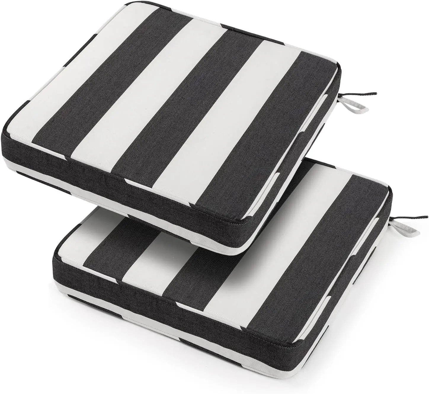 Outdoor Square Chair Cushions Set of 2, Water & Fade Resistant Thick Pads for Garden Patio Furniture - Black Ivory Striped