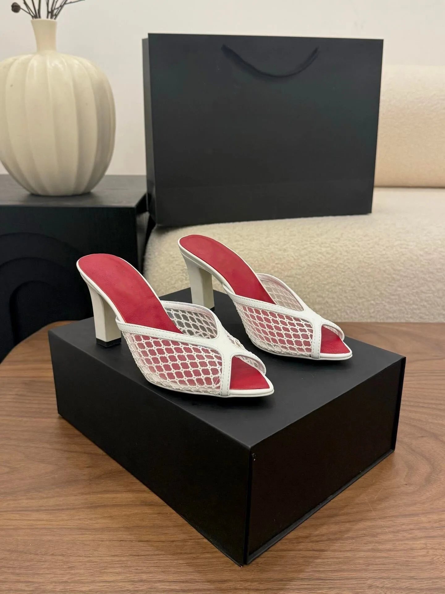 Summer New Coarse High-heeled Hollowed Out Mesh Sandals, Fashionable One-piece Slippers for Women Wearing High Heels and Sandals