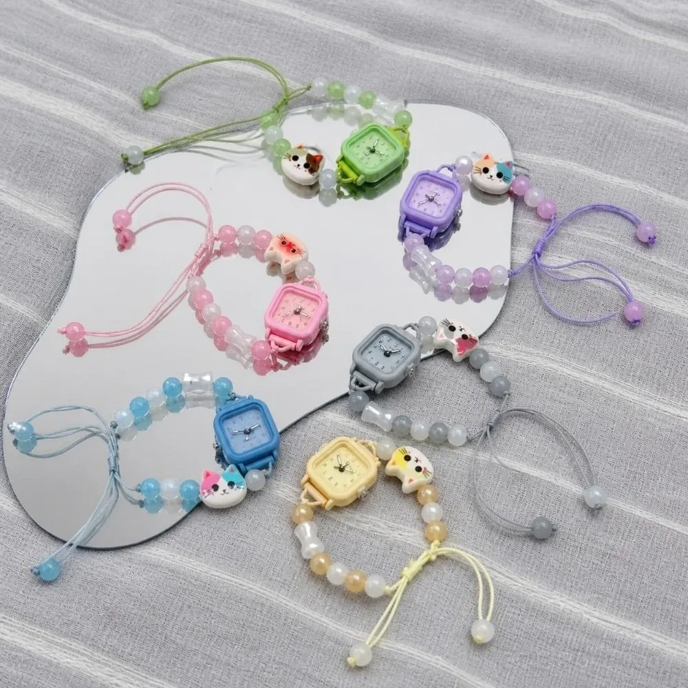 Fashion Adjustable Bracelet Watch Cartoon Cat Cute Chain Watch Beaded Quartz Watch for Women Girls