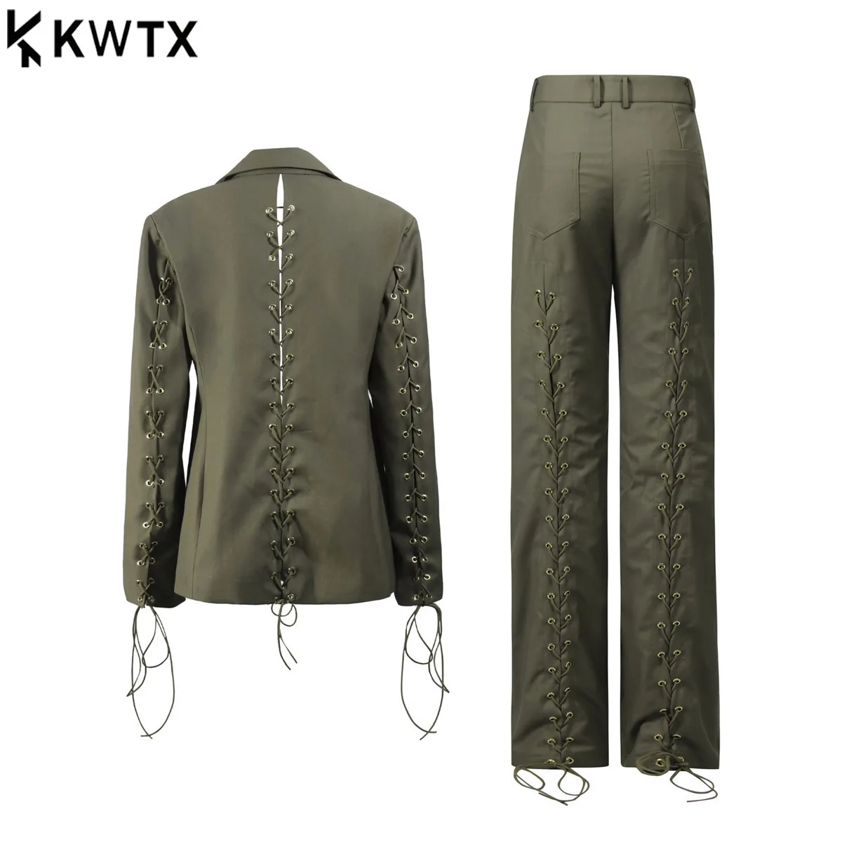 

KWTX Женский однотонный брючный костюм 2025 года, осенний винтажный шикарный дизайнерский костюм с поясом и зубчатыми лацканами, курткой и прямыми брюками